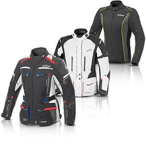 Textile Damen-Motorradjacken in Schwarz, Weiß und Grau mit farbigen Akzenten und Belüftung.